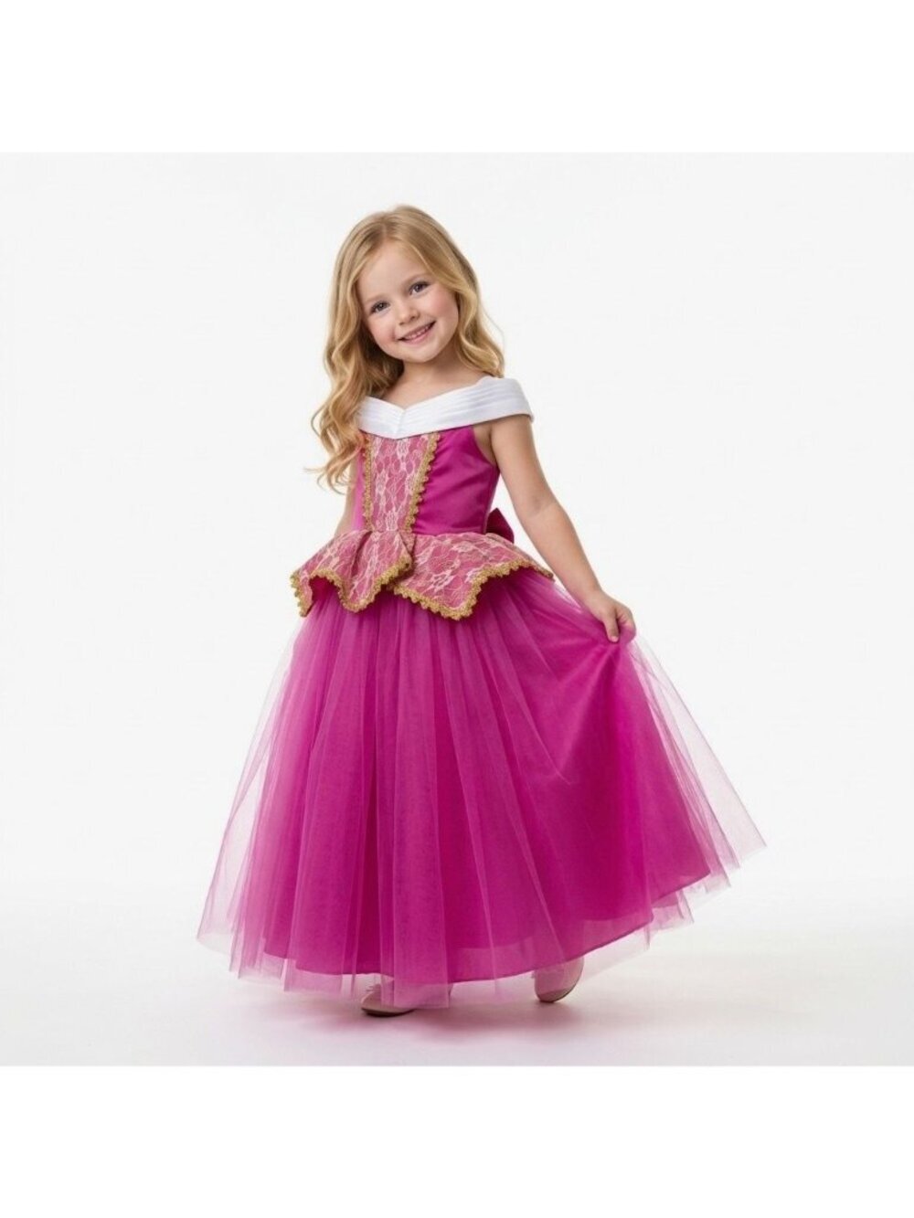 Girls Aurora Sleeping Beauty Princess Costume Dress Pink Gold Tulle Birthday Par